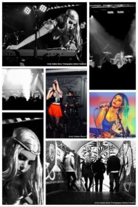 This image shows a compilation of photos of Nazan and her band in various settings, stages, and photoshoots. 